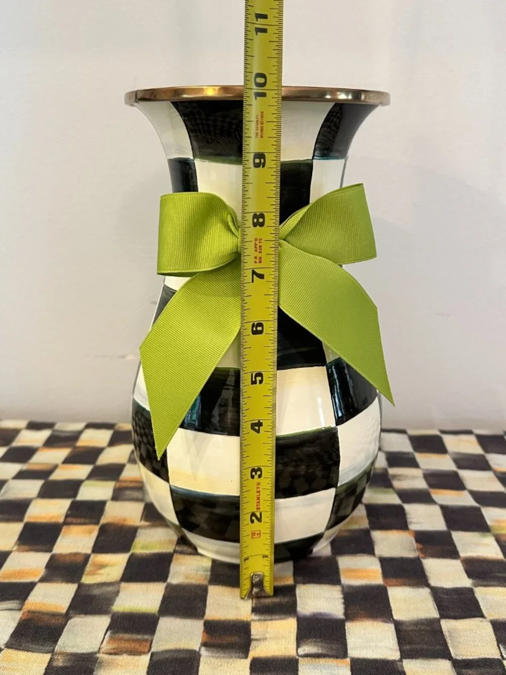 MacKenzie-Childs Courtly Check Enamel Vase With Green Ribbon 10
